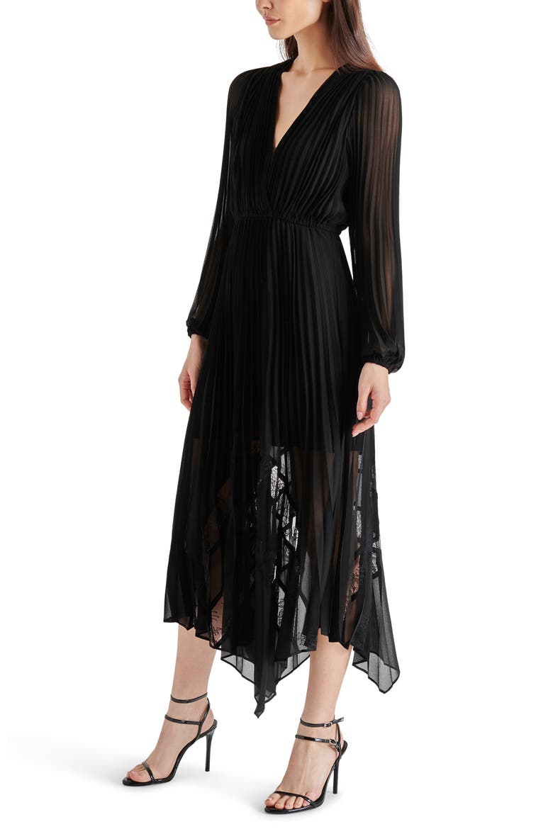 Ari Pleated Long Sleeve Chiffon & Lace Dress, Alternate, color, BLACK