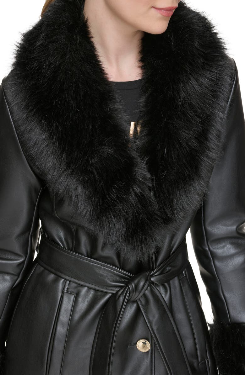 KARL LAGERFELD PARIS Faux Leather & Faux Fur Trench Coat, Alternate, color, 
