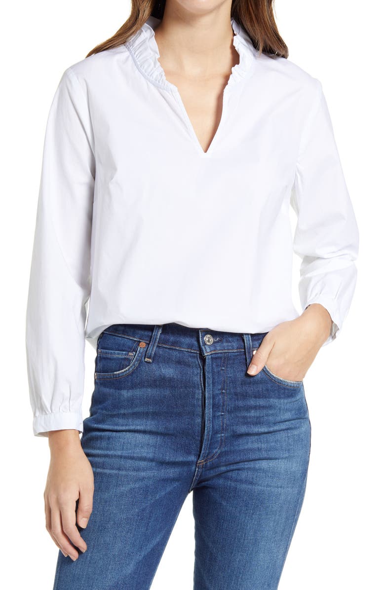 vineyard vines Ruffle Neck Stretch Cotton Popover Blouse, Main, color,