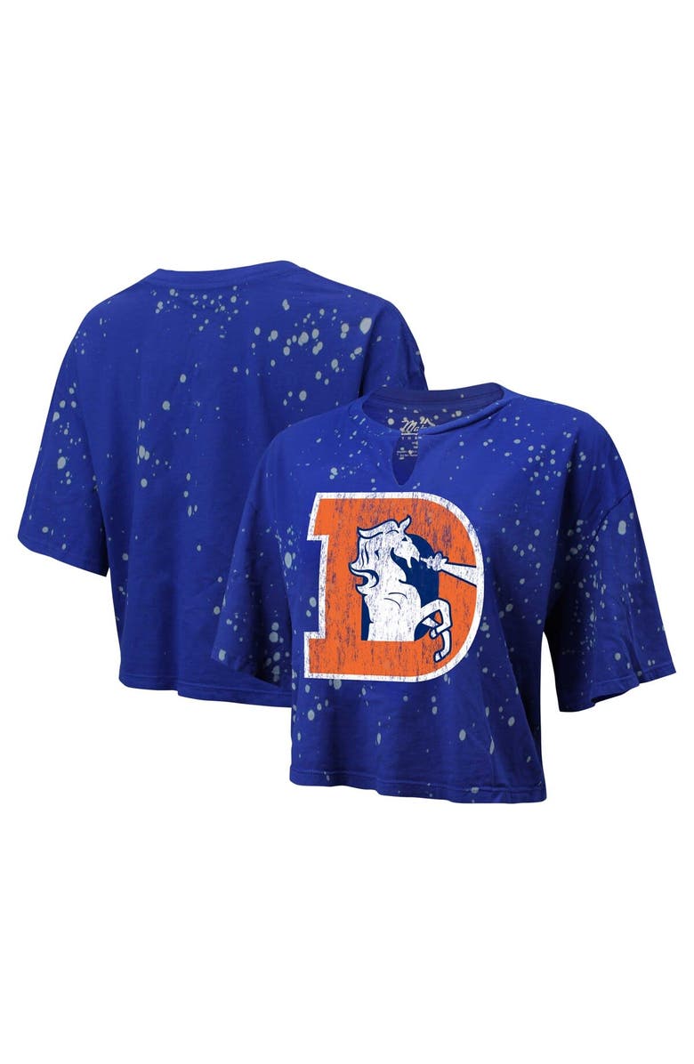 Majestic Threads Women's Majestic Threads Royal Denver Broncos Bleach Splatter Notch Neck Crop T-Shirt, Alternate, color,