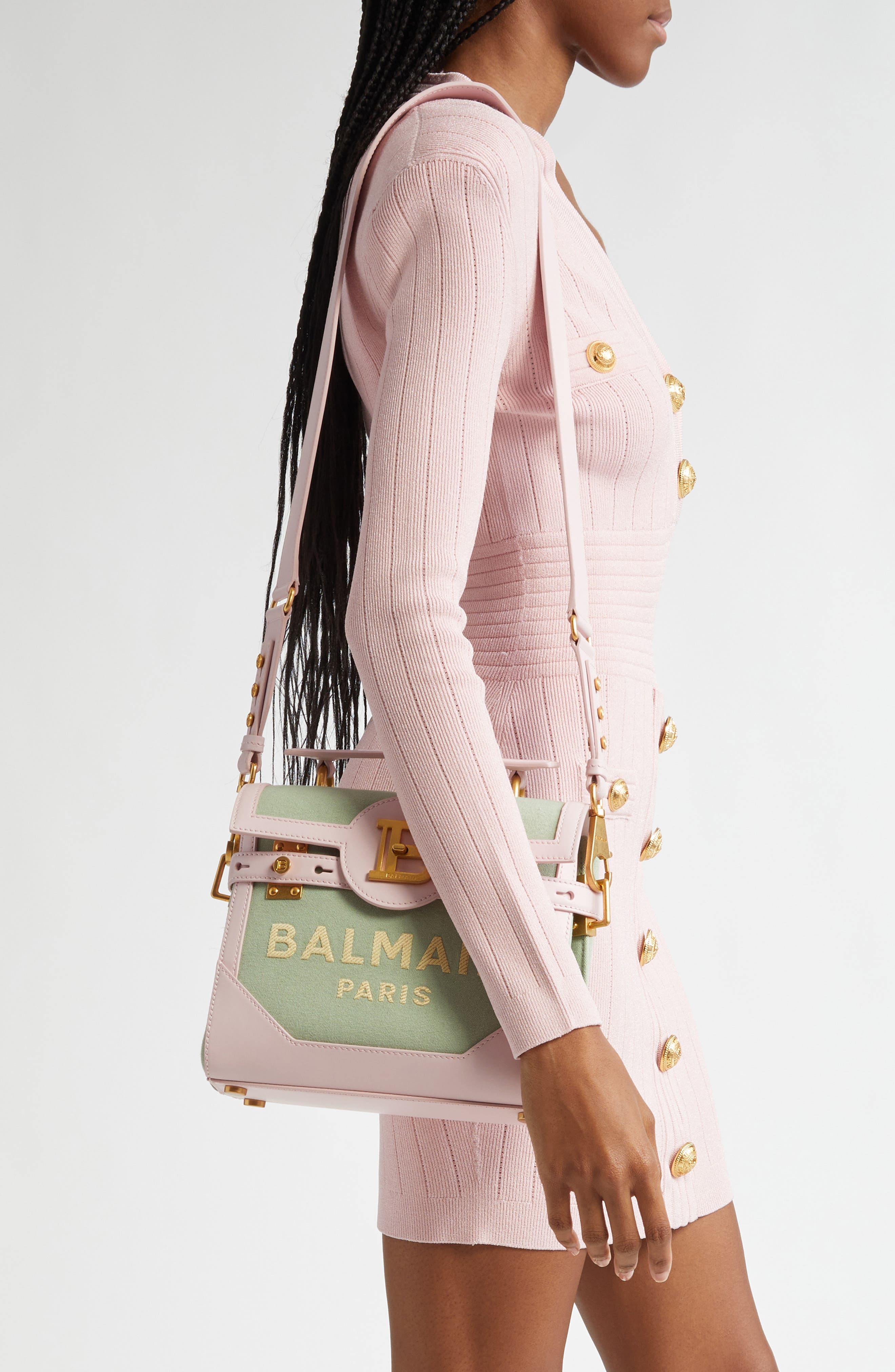 Balmain B-Buzz 23 Canvas & Leather Top Handle Bag, Alternate, color, 
