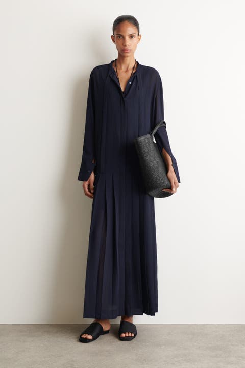 Pleated Bow-detail Midi Shirt Dress