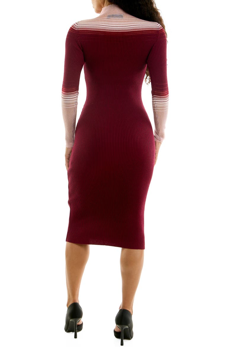 Mock Neck Ribbed Long Sleeve Midi Dress, Main, color, WINE MULTI