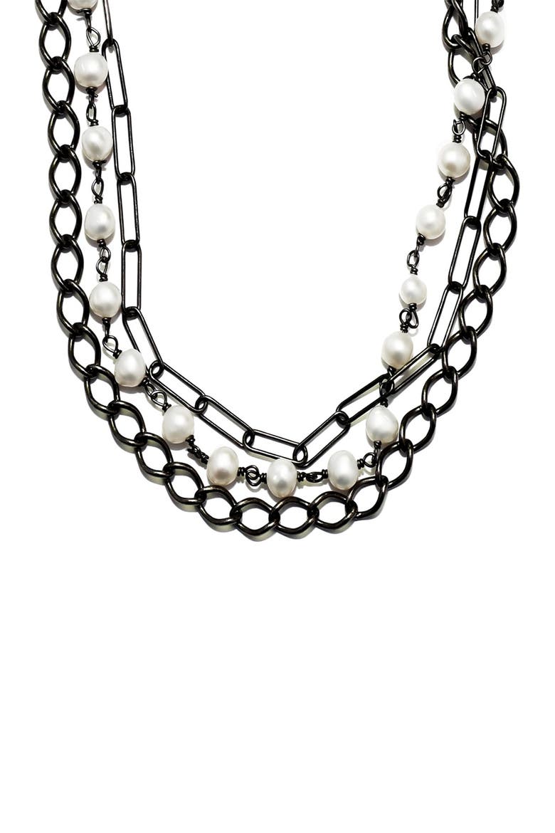 Black Rhodium Plated Messy Layered 5mm Imitation Pearl Necklace, Main, color, WHITE