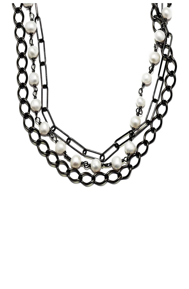 Adornia Black Rhodium Plated Messy Layered 5mm Imitation Pearl Necklace, Main, color, 