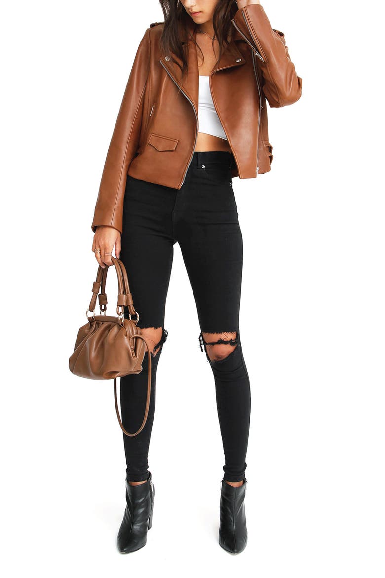 Just Friends Leather Moto Jacket, Alternate, color, BROWN