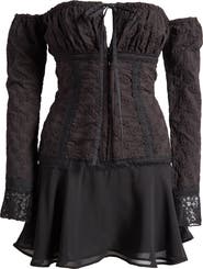 Mistress Rocks Embroidered Lace Off the Shoulder Long Sleeve Minidress