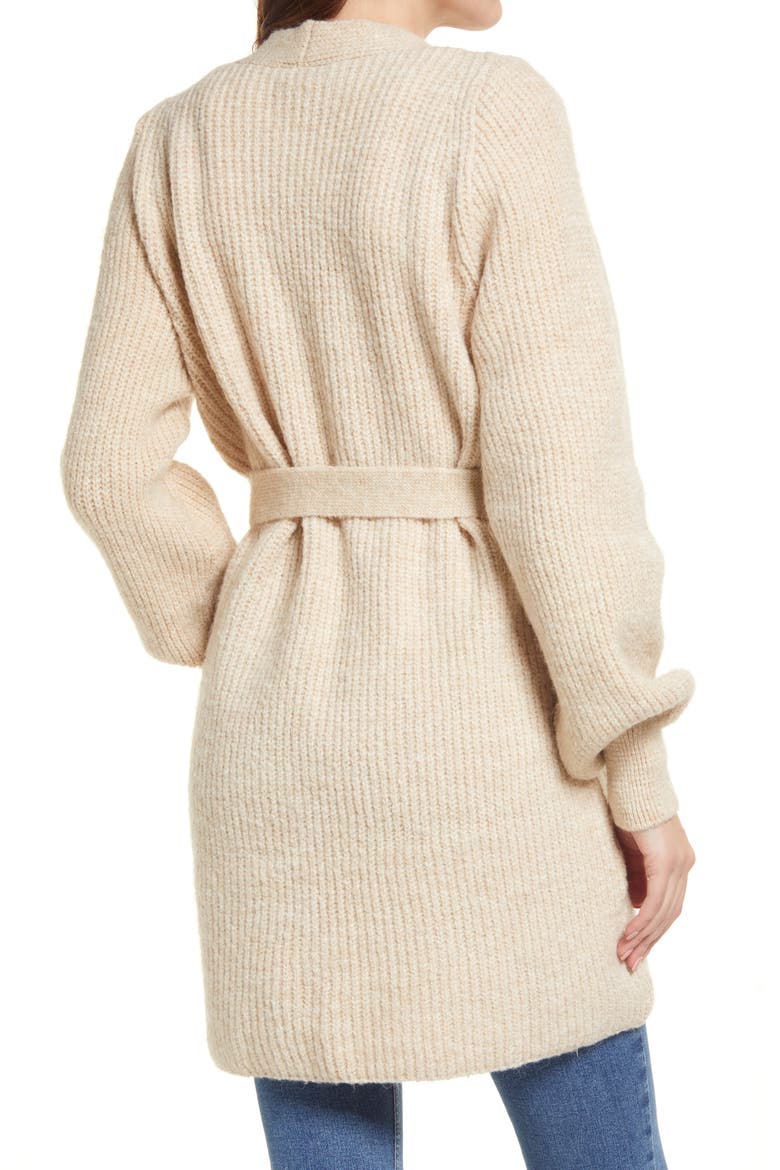 Belted Blouson Sleeve Cardigan, Alternate, color, STONE