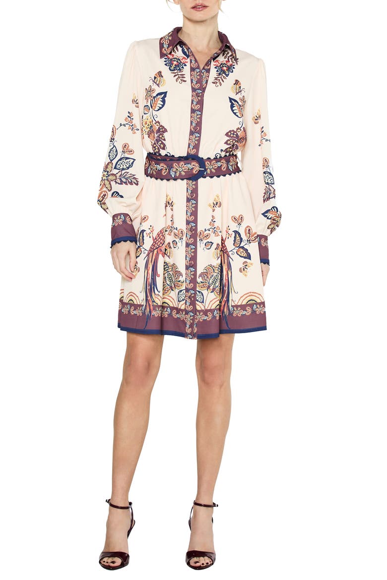 Khyrie Print Belted Long Sleeve Shirtdress, Main, color, TAUPE MULTI