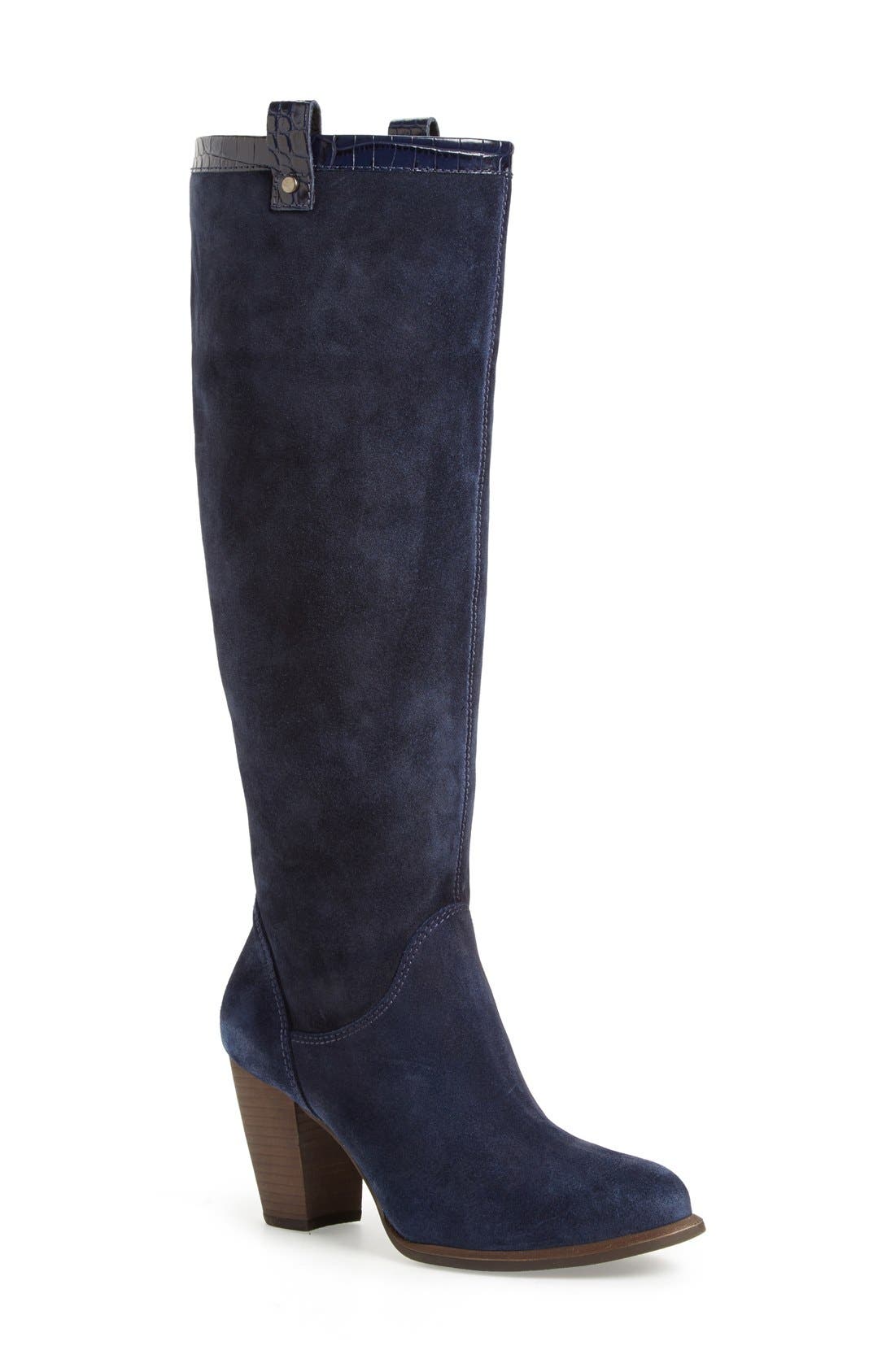 'Ava Croco' Tall Suede Boot, Main, color, NAVY SUEDE