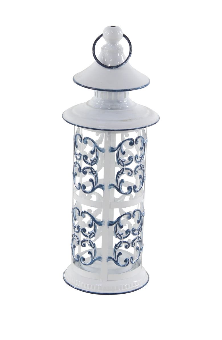 SONOMA SAGE HOME Large Cylindrical French Country Blue & White Metal Lantern w/ Finial and Ring - 7" x 20", Main, color, 