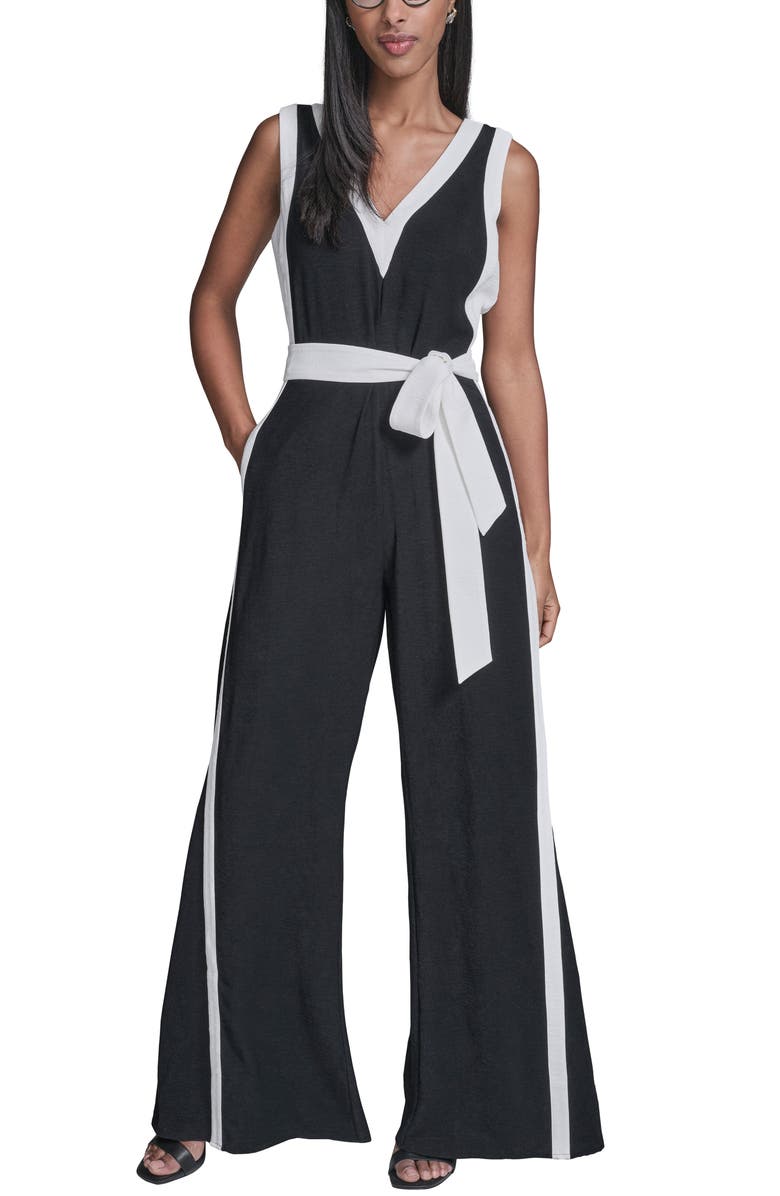 KARL LAGERFELD Aerowash Sleeveless Tie Waist Wide Leg Jumpsuit, Main, color, Black Soft White