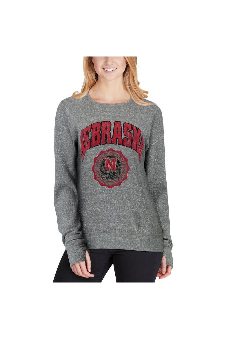 Women's Pressbox Heathered Gray Nebraska Huskers Edith Vintage Knobi Pullover Sweatshirt, Alternate, color, Heather Gray