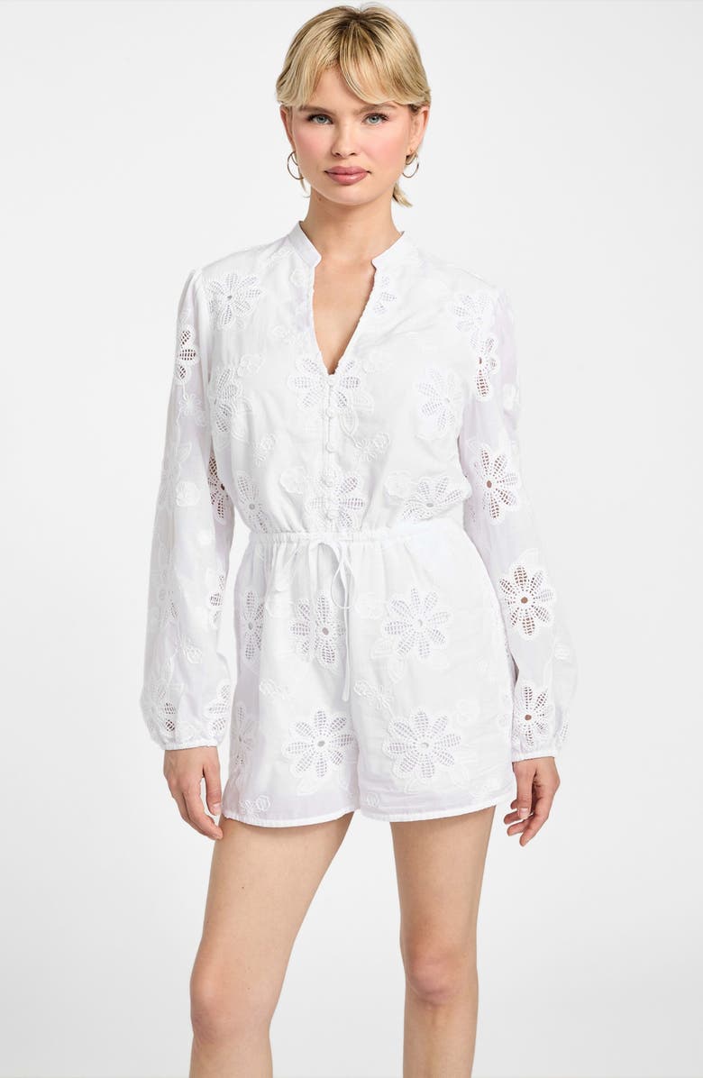 GUESS Hazel Floral Embroidered Long Sleeve Cotton Voile Romper, Alternate, color, 