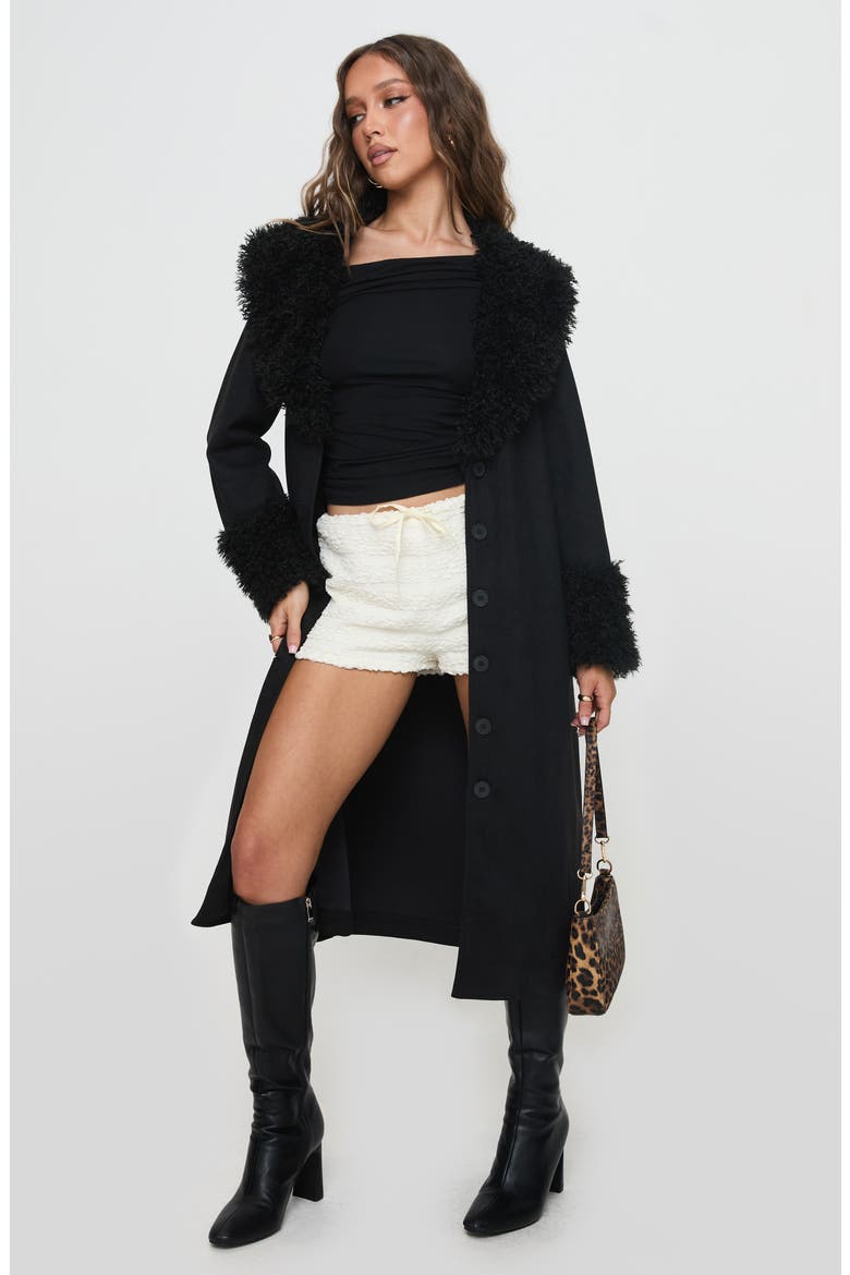 After Party Faux Suede Long Coat with Faux Shearling Trim, Alternate, color, BLACK