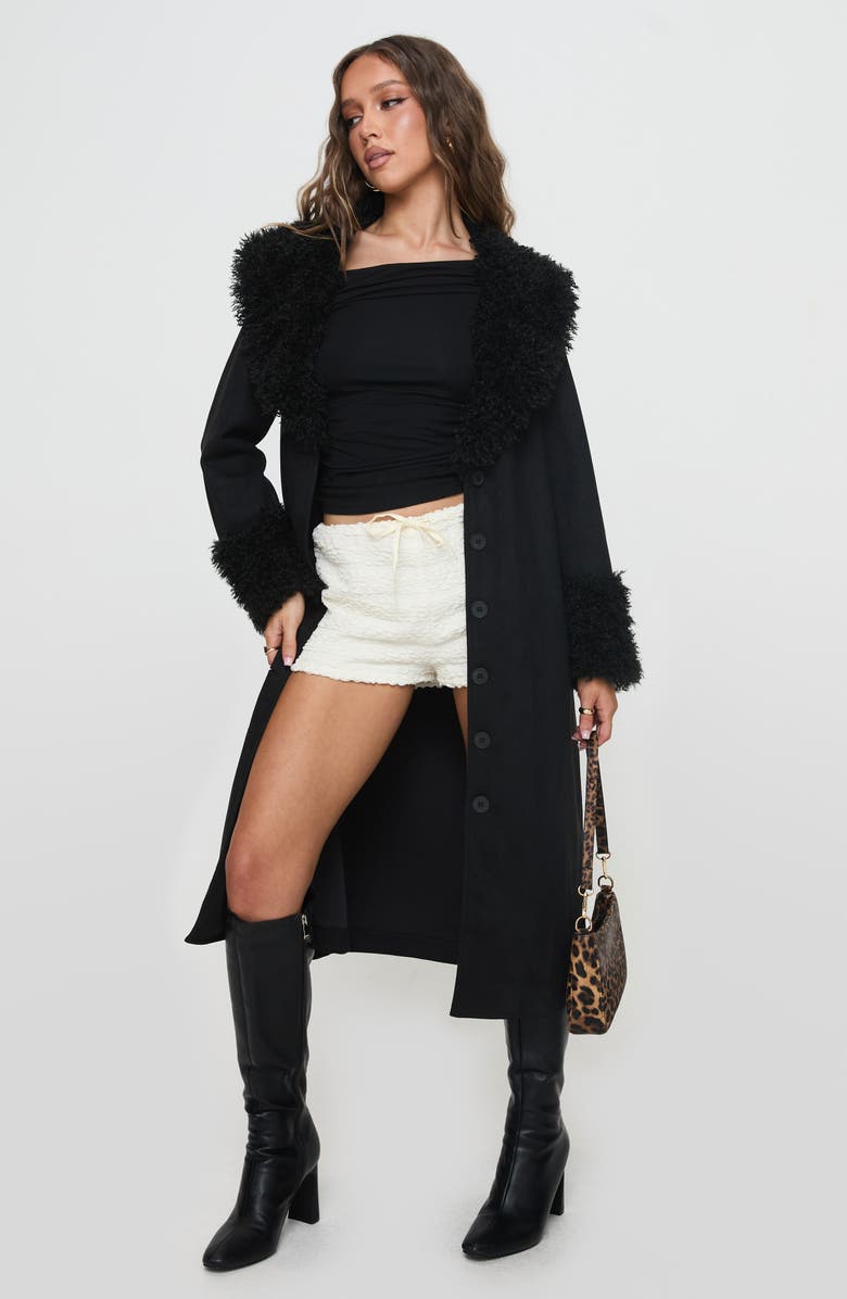 Princess Polly After Party Faux Suede Long Coat with Faux Shearling Trim, Alternate, color,