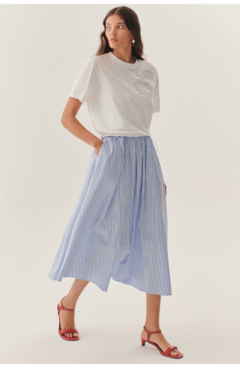 Exquise Crew Neck Short Sleeve Embroidered Midi Dress, Main, color, Blue-White