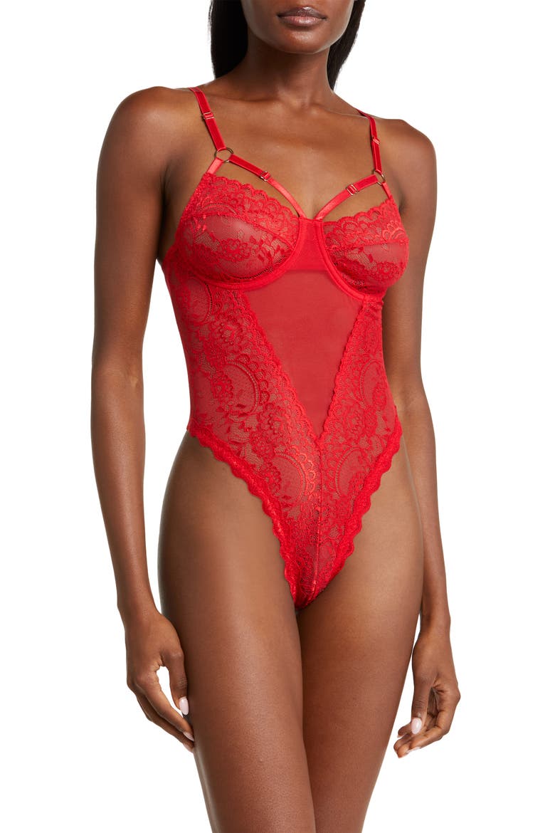 Lace & Mesh Teddy, Main, color, RED