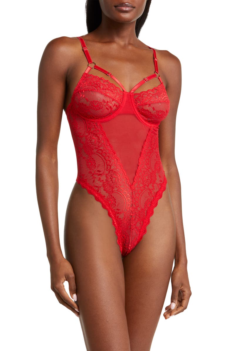 Coquette Lace & Mesh Teddy, Main, color, Red