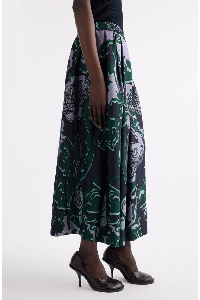 Soni Abstract Floral Jacquard Pleated Crepe A-Line Midi Skirt, Alternate, color, DARK GREEN