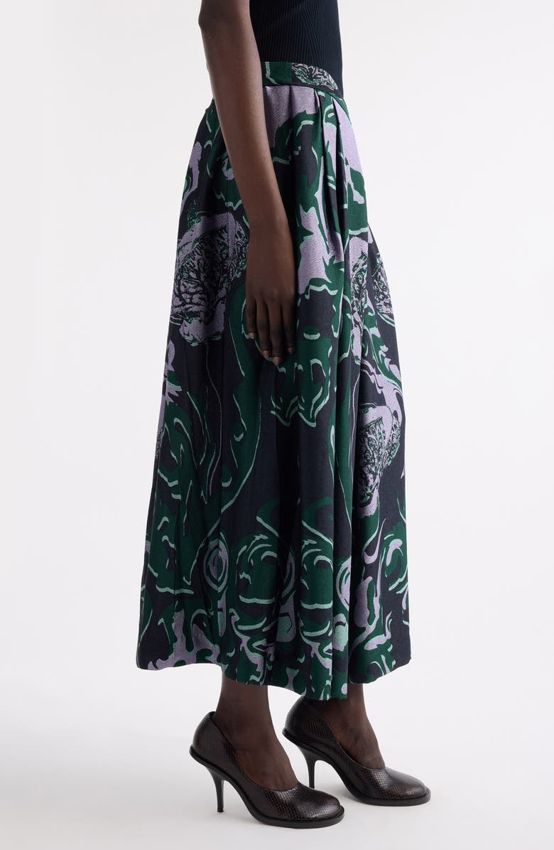 Dries Van Noten Soni Abstract Floral Jacquard Pleated Crepe A-Line Midi Skirt, Alternate, color, Dark Green
