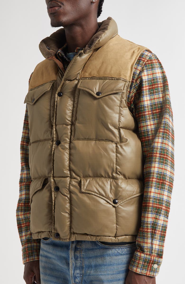 Double RL Leather Yoke Recycled Nylon Ripstop Puffer Vest, Alternate, color, Vintage Olive