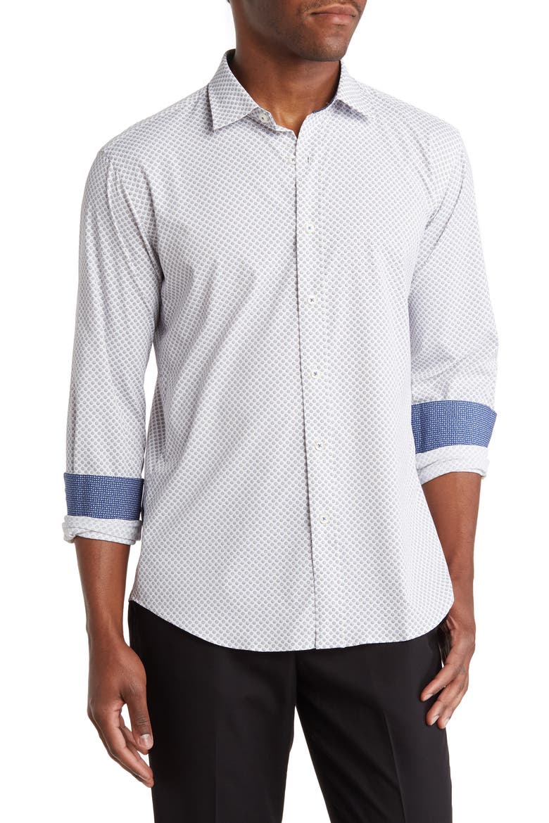 Circle Print Long Sleeve Performance Shaped Fit Shirt, Main, color, SNOW