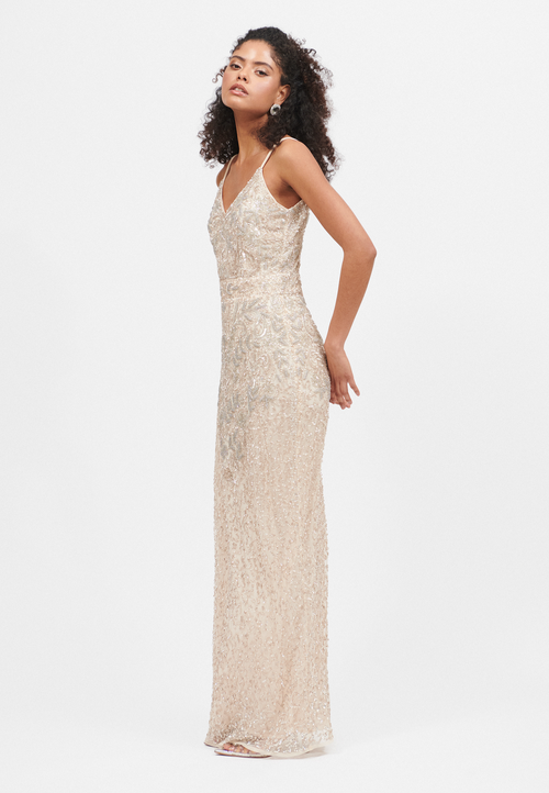 Beauut Embellished Sequin Beaded V Neck With Straps Maxi Dress In Cream
