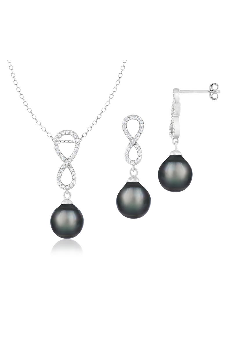 SPLENDID PEARLS Rhodium Plated Sterling Silver CZ & 10–11mm Cultured Tahitian Pearl Drop Earrings & Necklace Set, Main, color, 