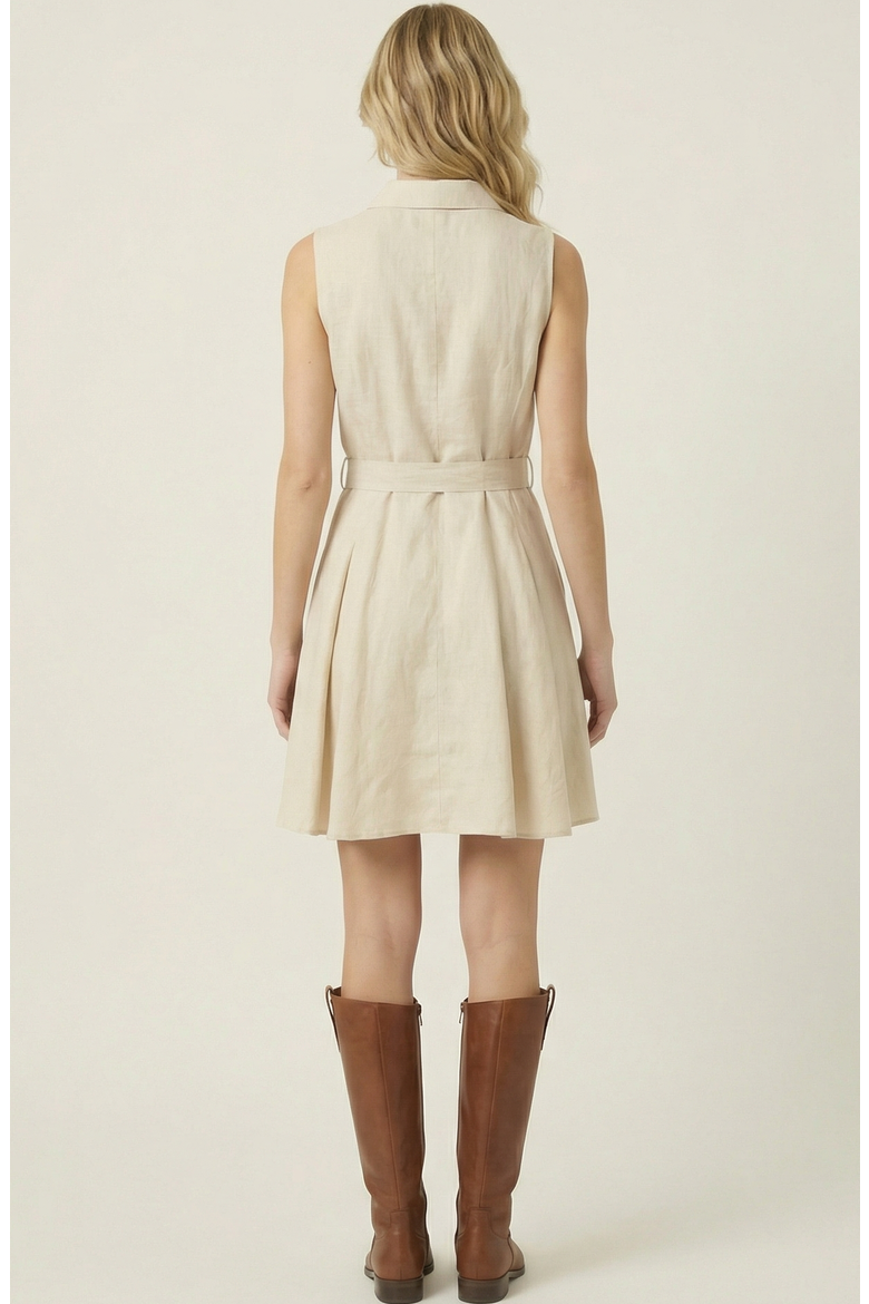 Sleeveless Fit-and-Flare Button-Front Dress, Alternate, color, Beige