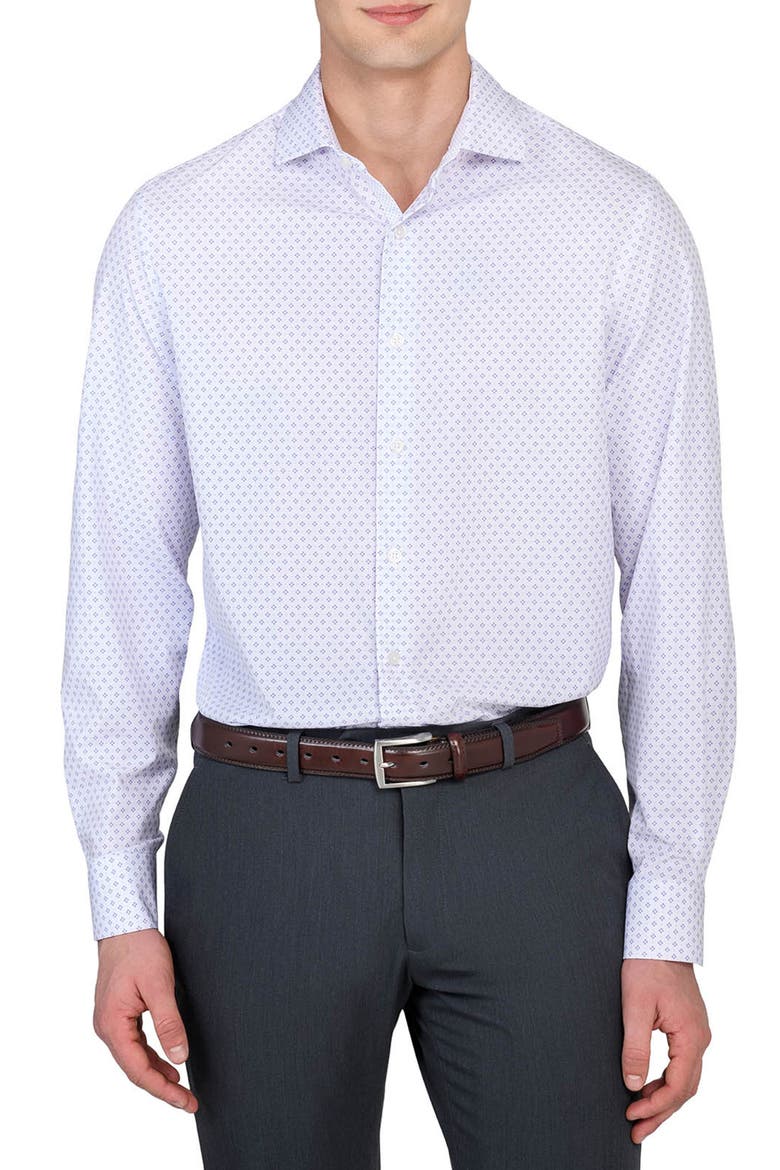 Slim Fit Double Diamond Print Performance Dress Shirt, Main, color, WHITE/ PURPLE