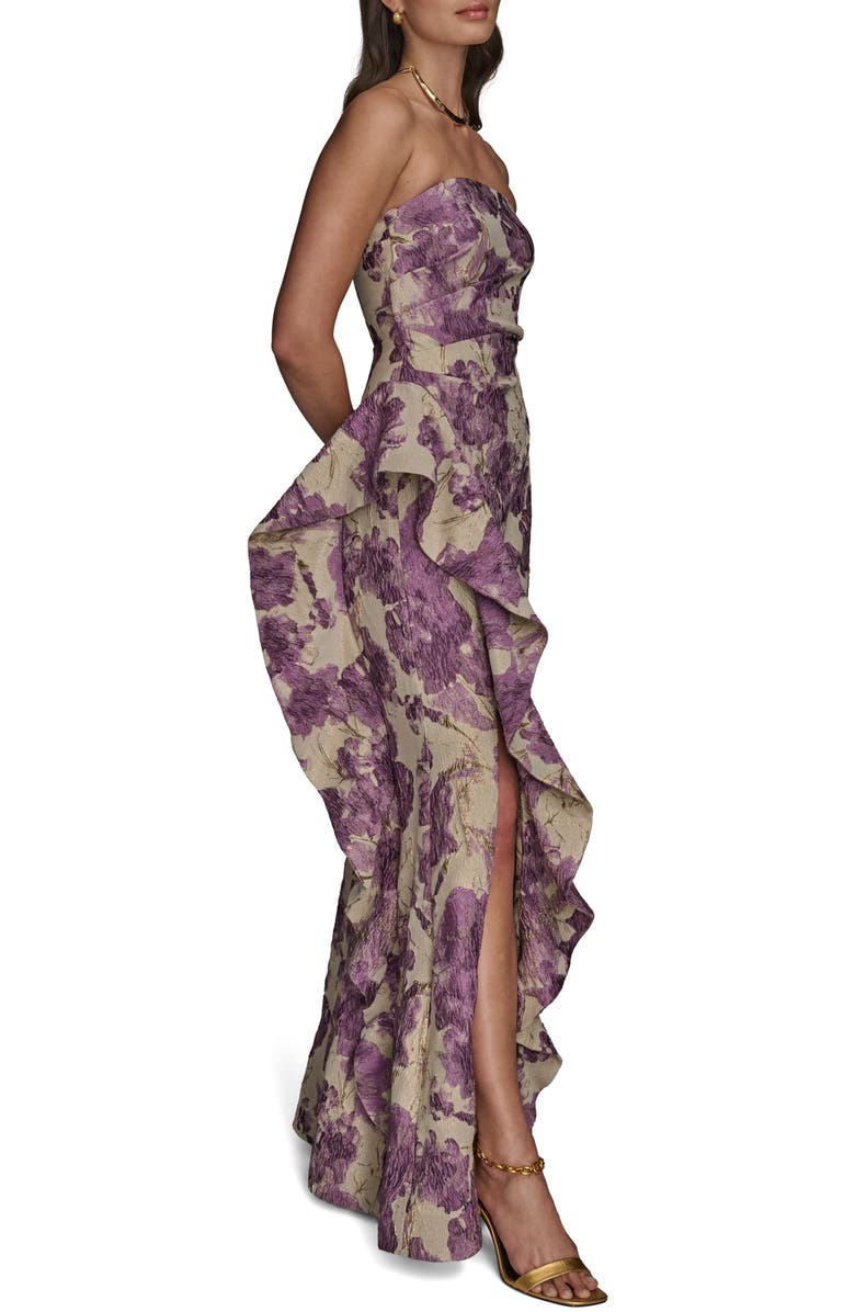 Donna Karan New York Floral Ruffle Strapless Jacquard Trumpet Gown, Alternate, color, Wisteria M