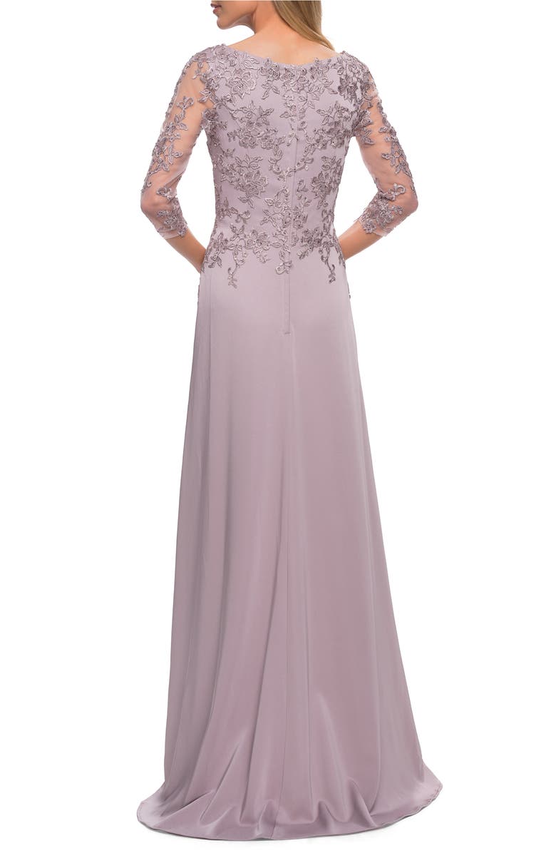 La Femme Floral Appliqué Jersey Column Gown, Alternate, color,