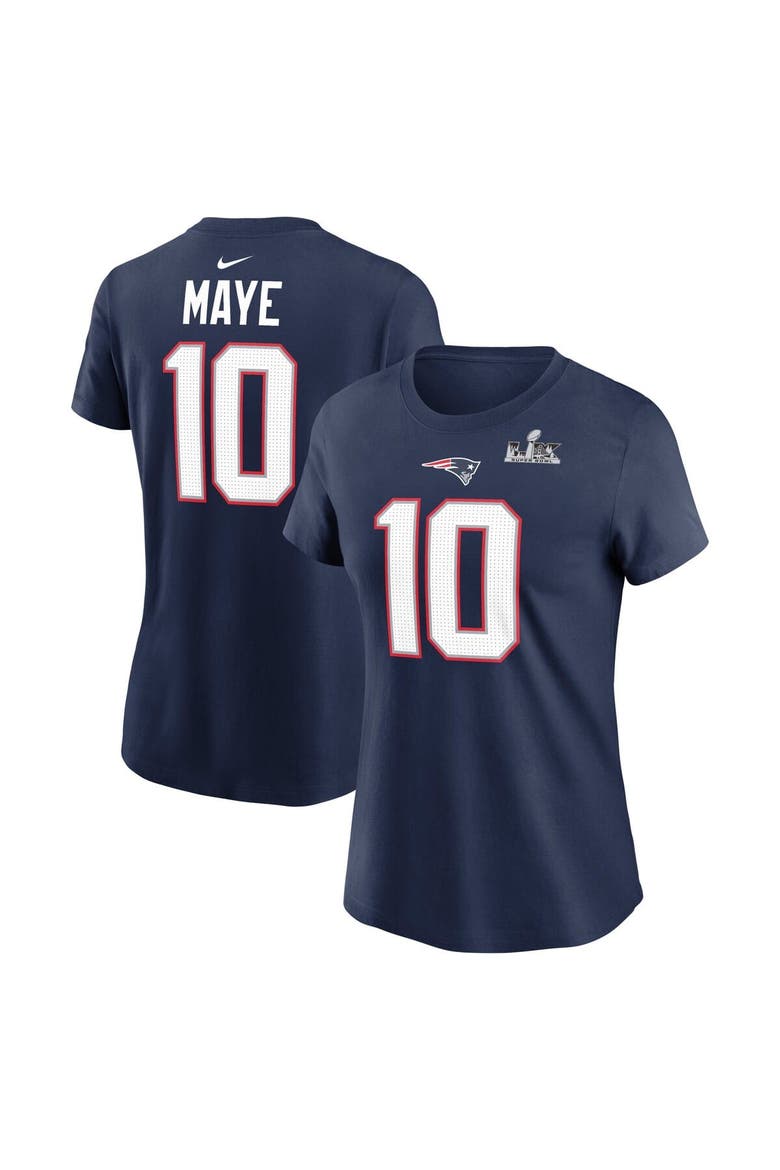 Women's Nike Drake Maye Navy New England Patriots Super Bowl LX Patch Name & Number T-Shirt, Main, color, Navy