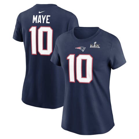 Women's Nike Drake Maye Navy New England Patriots Super Bowl LX Patch Name & Number T-Shirt