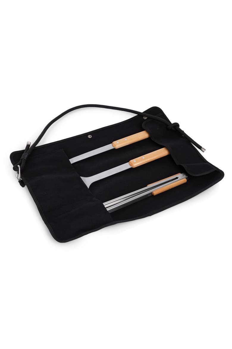 BBQ Roll Up 3 Piece Set - Green Canvas with Beechwood Tools, Alternate, color, Black