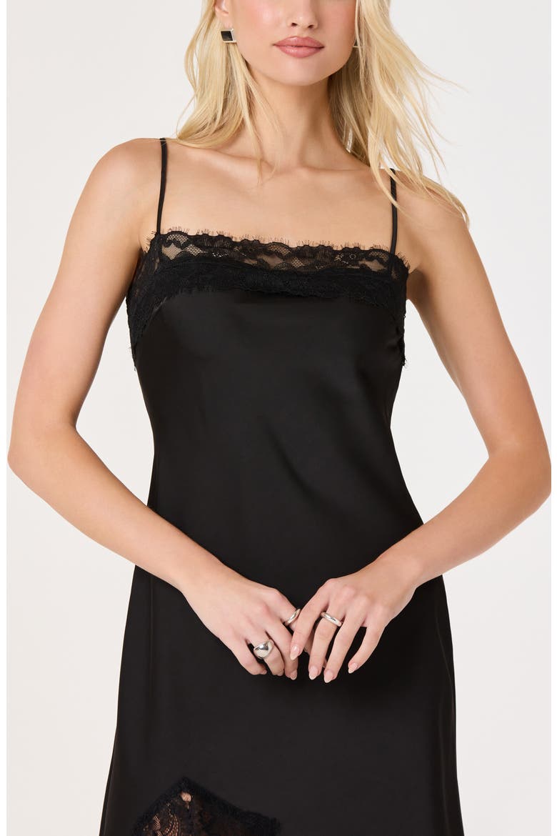 Mauresa Lace Trim Satin Slipdress, Alternate, color, BLACK