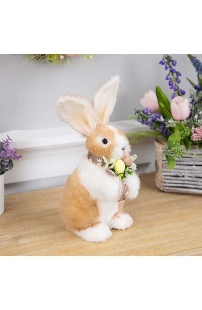 Northlight Plush Rabbit with Floral Bow Easter Figurine - 10.25", Alternate, color, Brown