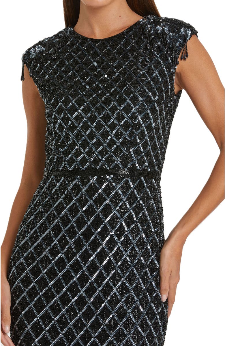 Mac Duggal Fringe Detailed High Neck Cap Sleeve Midi Dress, Alternate, color, Black