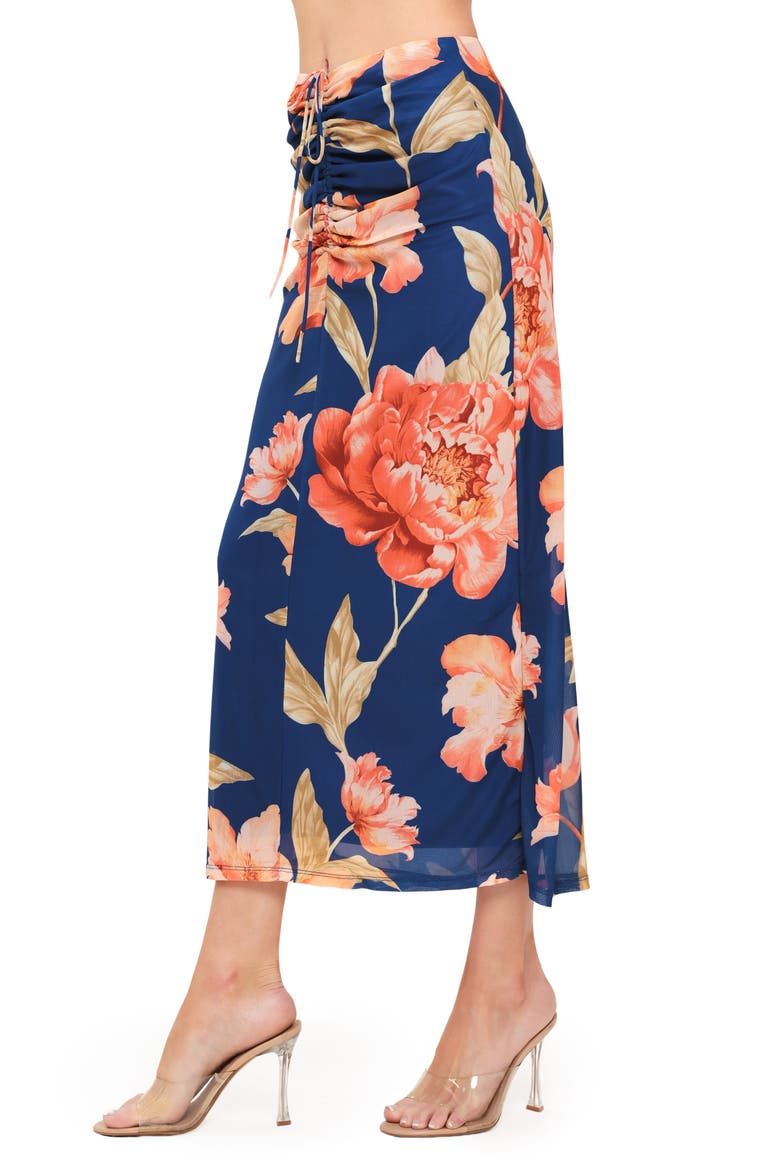 Floral Ruched Mesh Maxi Skirt, Alternate, color, NAVY