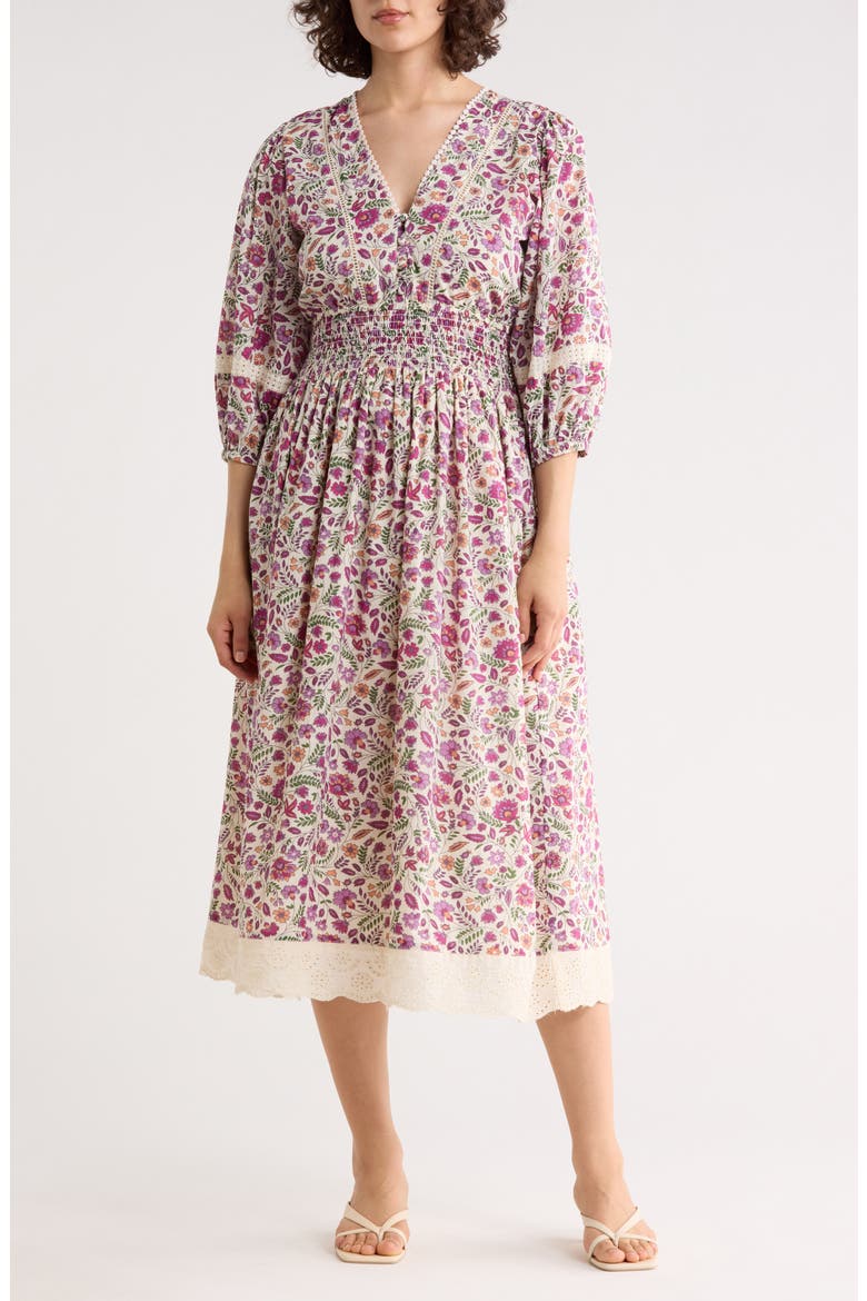 Floral Smocked Waist Midi Dress, Main, color, IVORY/ PINK FLOWER