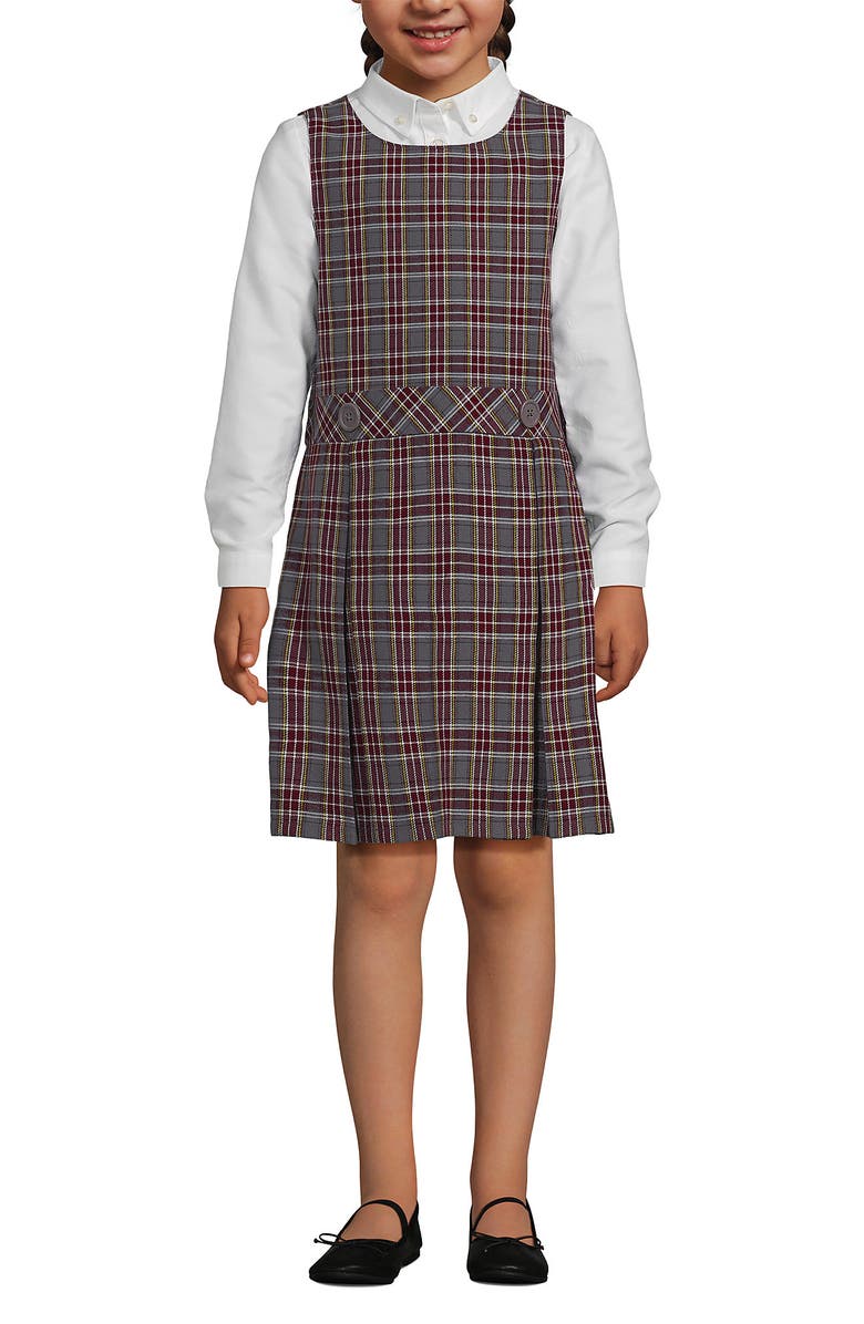 Lands' End School Uniform Girls Plus Plaid Jumper Top of Knee, Main, color, Gray Heather/Maroon Plaid