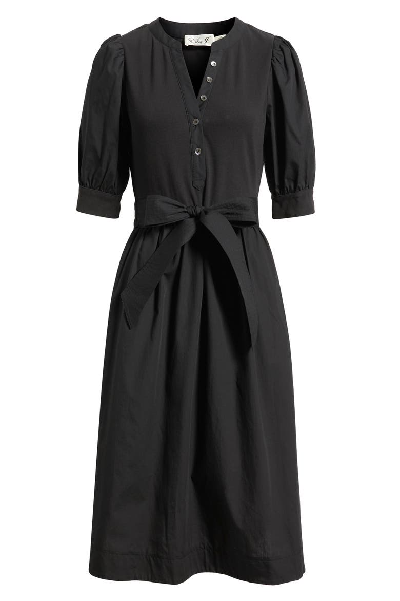 Twofer Mixed Media Belted Midi Dress, Alternate, color, BLACK