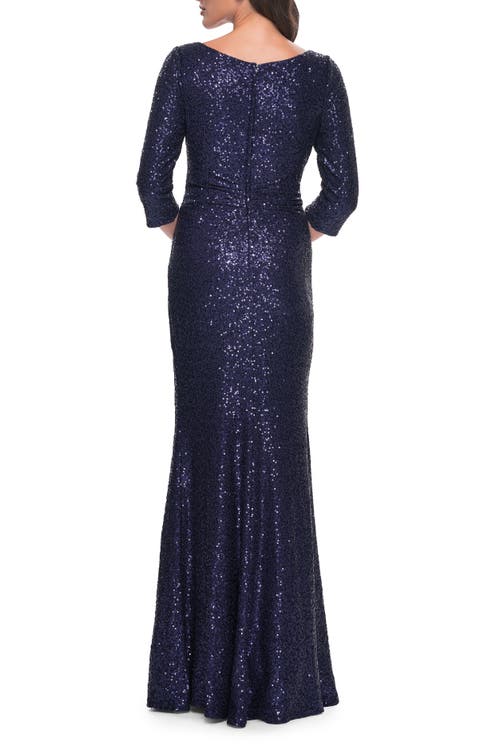 La Femme Long Sequin Gown With Ruching And Draped Skirt In Navy
