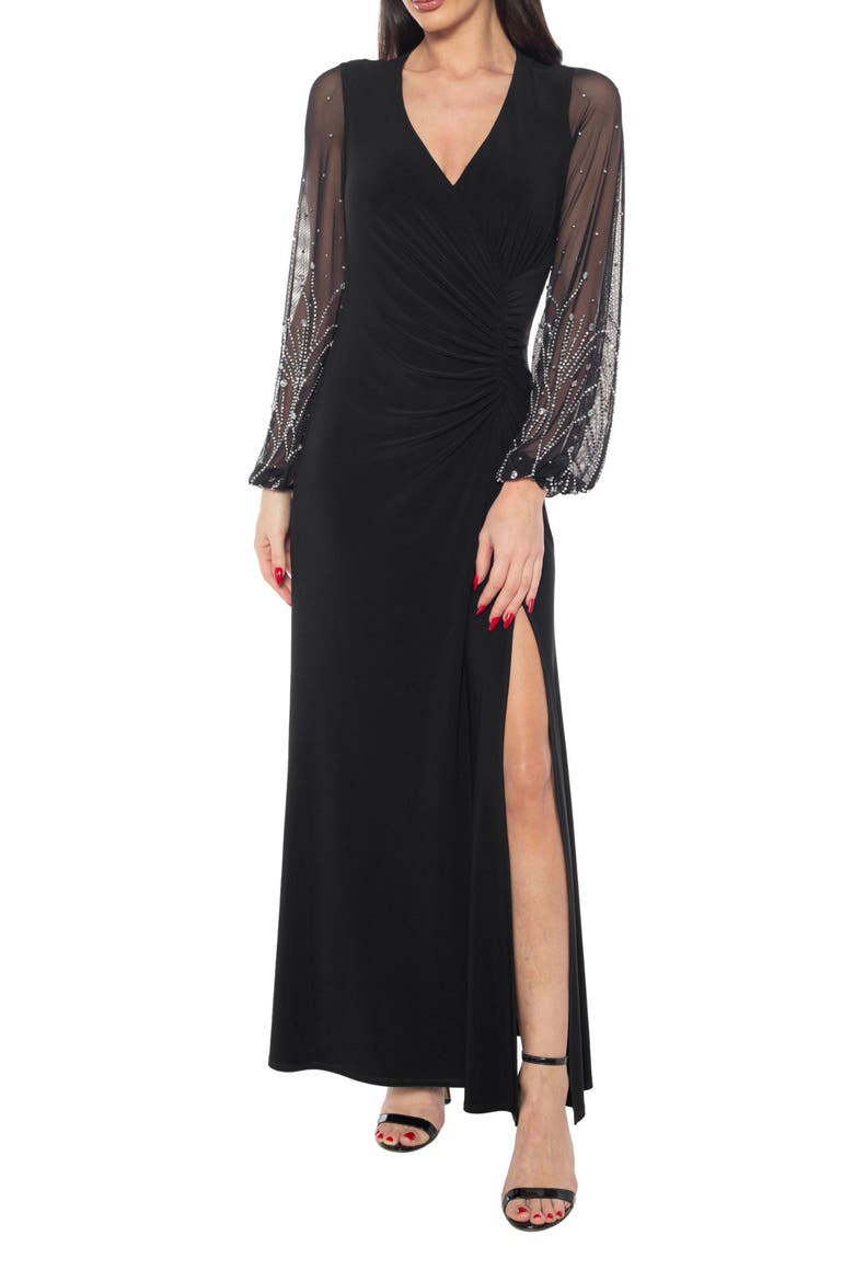 Beaded Long Sleeve Jersey Gown, Main, color, BLACK