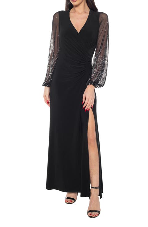 Beaded Long Sleeve Jersey Gown