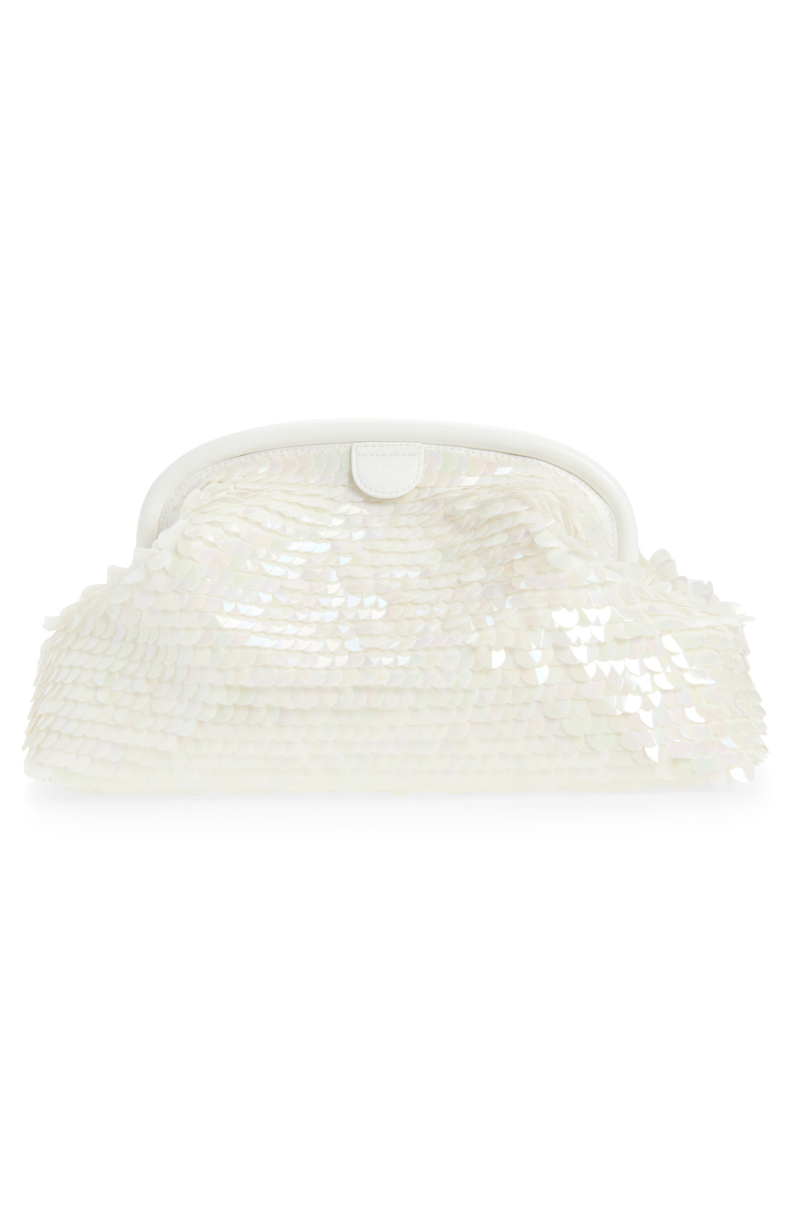 Stella McCartney Oversize Falabella Padded Soft Paillette Clutch with Chain, Alternate, color, White
