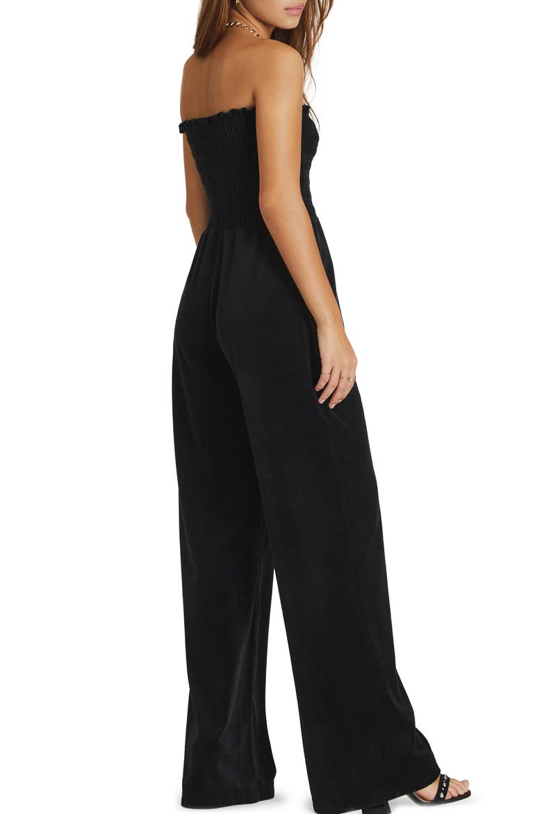 Smocked Strapless Velour Jumpsuit, Alternate, color, LIQUORICE