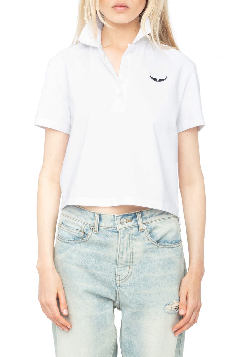 Mirta Wings Crop Cotton Polo Shirt, Main, color, WHITE