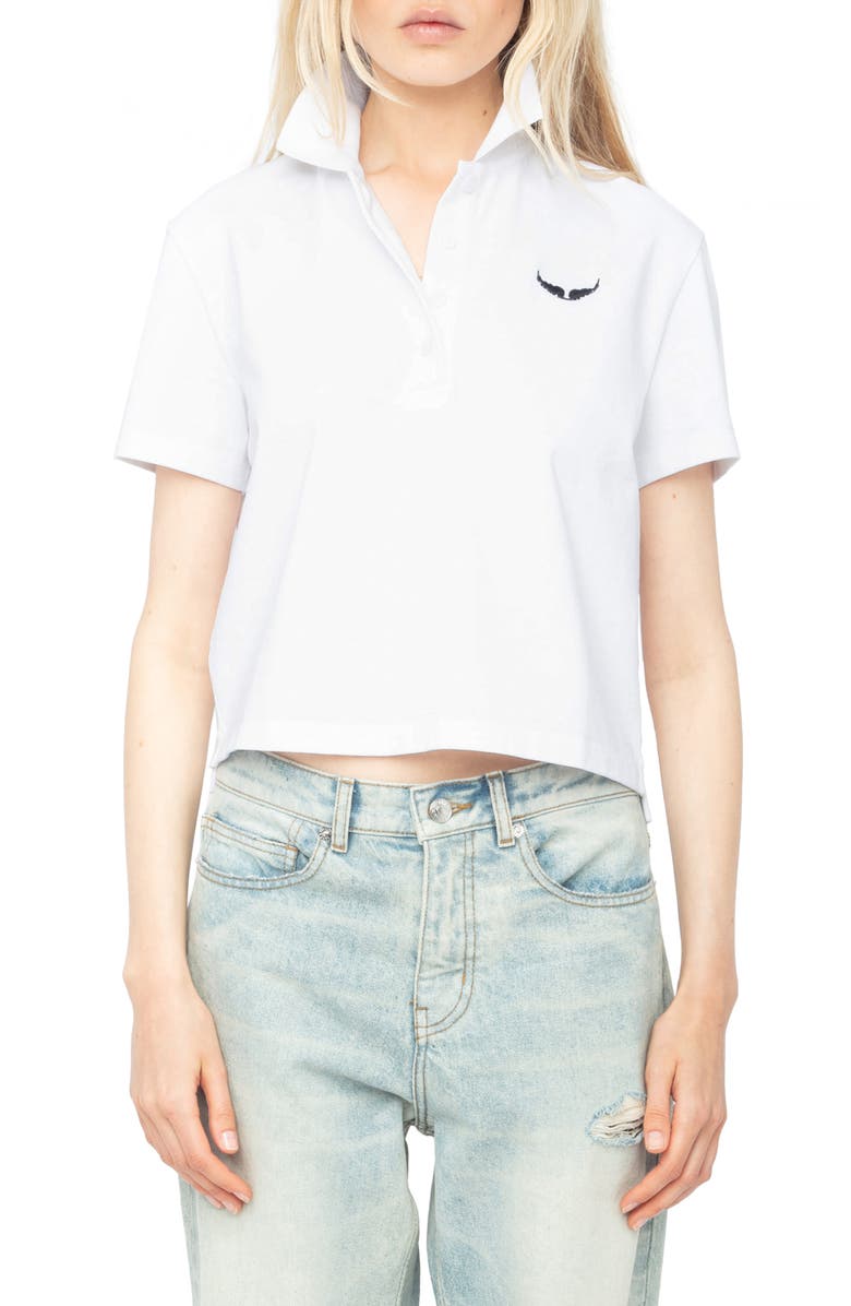 Zadig & Voltaire Mirta Wings Crop Cotton Polo Shirt, Main, color, White